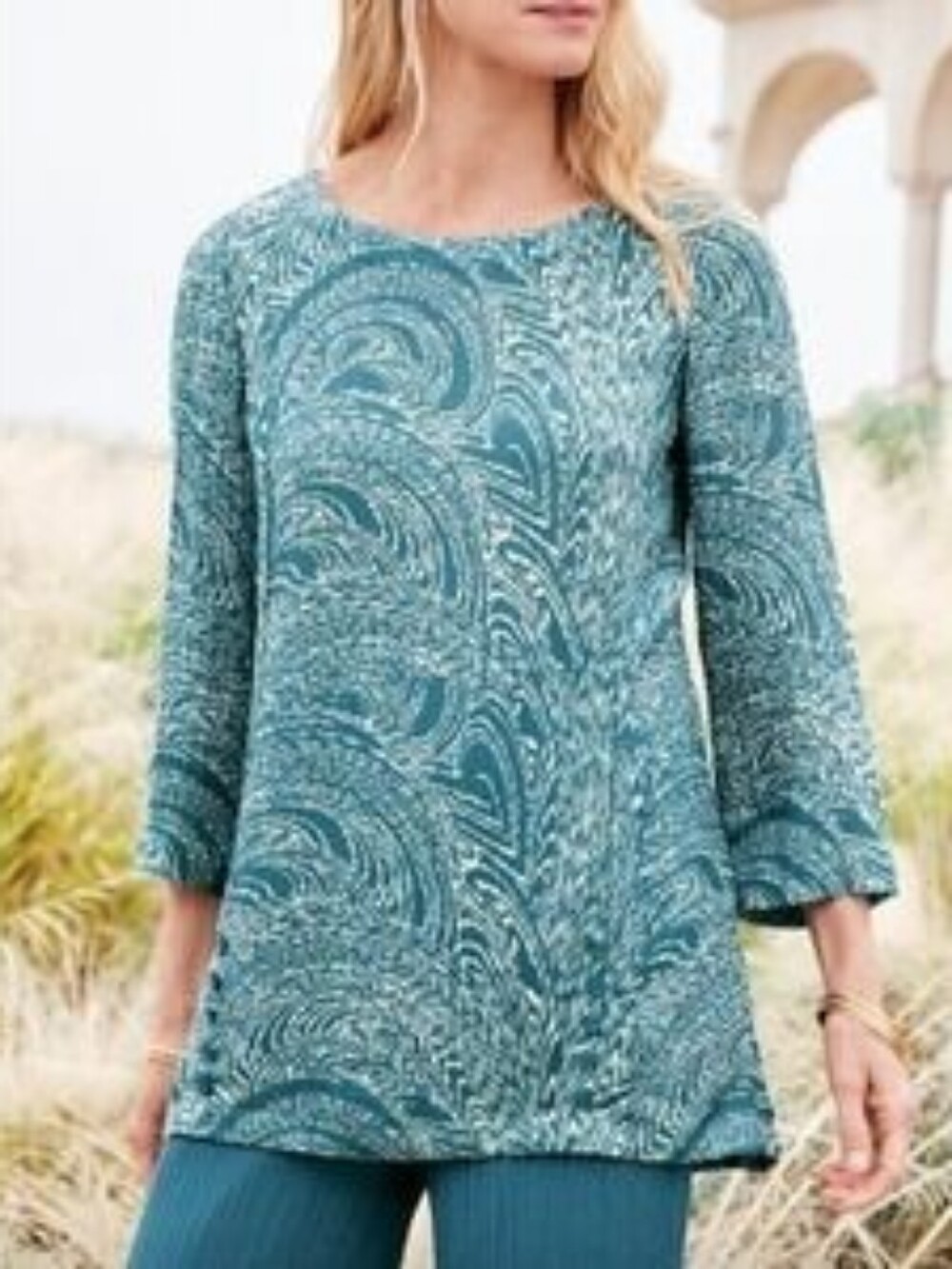 Soft Surroundings Oceo Blue Print Tunic Top 3/4 Sleeve - Size 2X